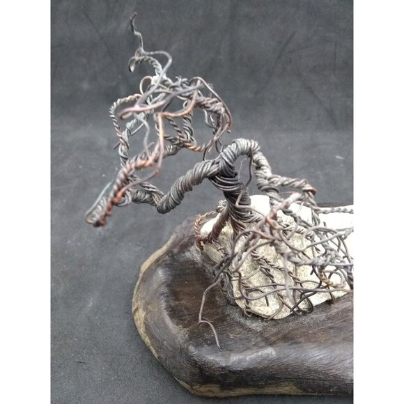 Handmade brutalist abstract modernist Metal Bonsai tree on rock & wood Artwork - Picture 10 of 11